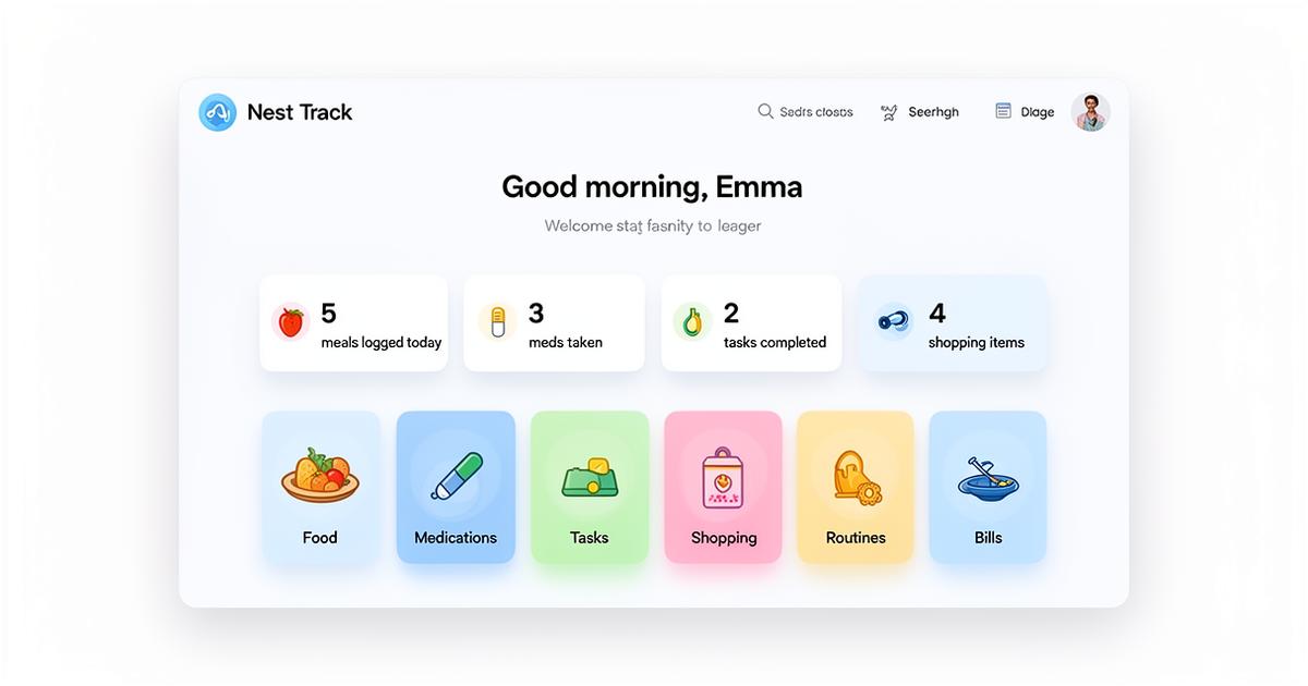 Nest Track dashboard showing family stats and tracker shortcuts