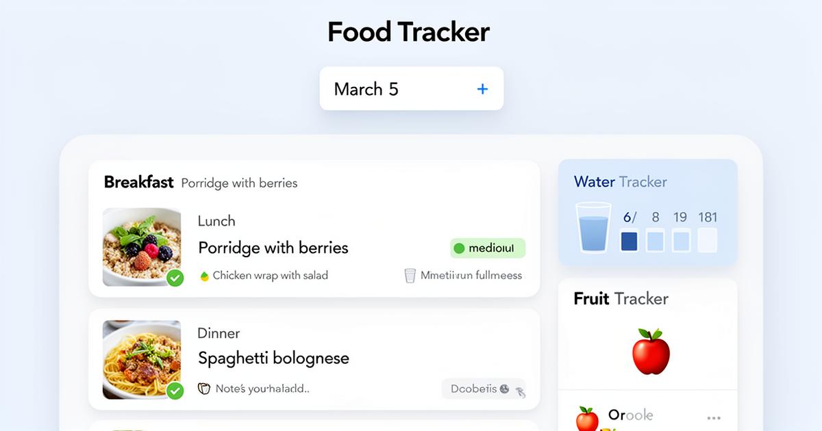 Food tracker showing meals, water and fruit intake for the day