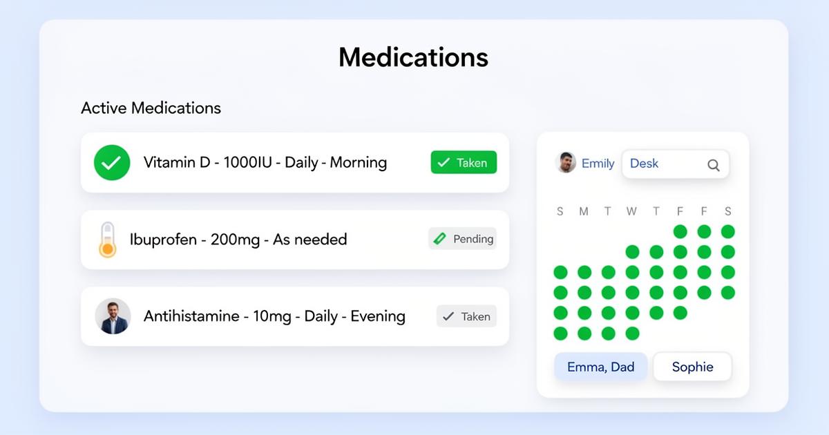 Medications tracker with active medications and streak calendar